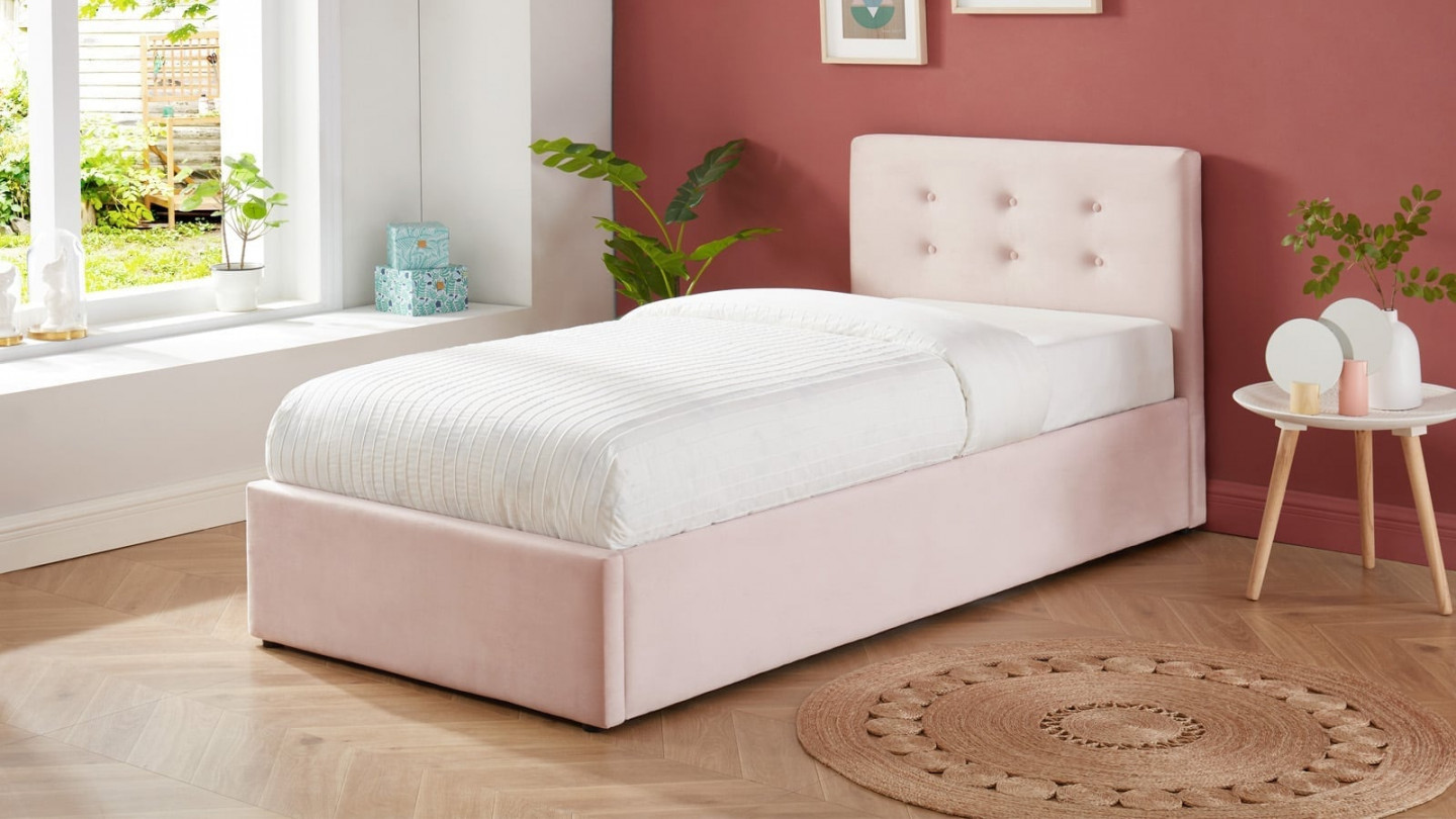 Lit coffre simple 90x190 en velours rose poudré avec tête de lit et sommier à lattes - Collection Tina