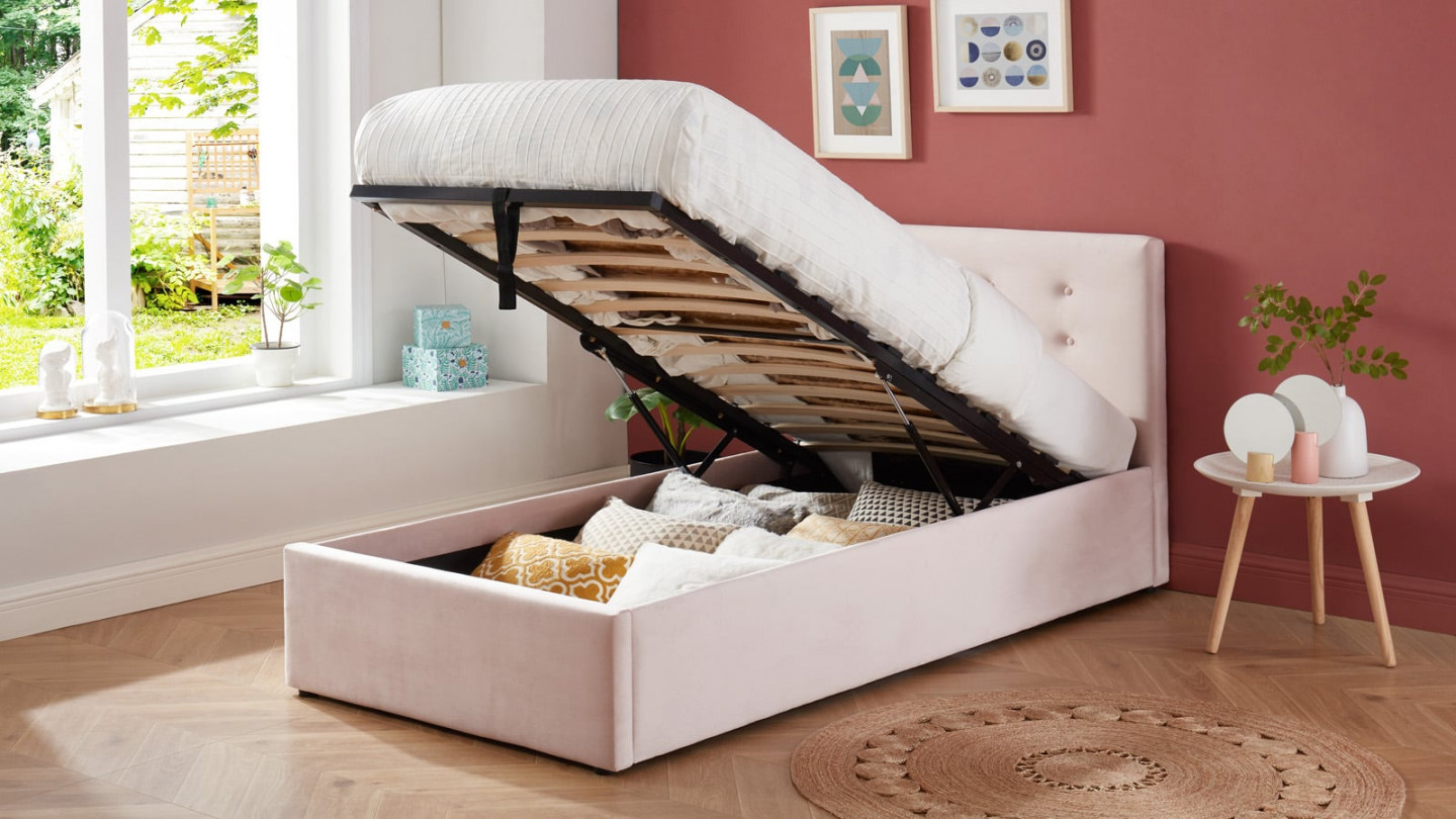 Lit coffre simple 90x190 en velours rose poudré avec tête de lit et sommier à lattes - Collection Tina