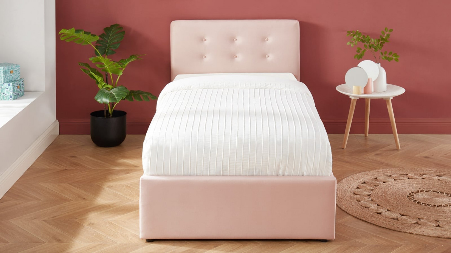 Lit coffre simple 90x190 en velours rose poudré avec tête de lit et sommier à lattes - Collection Tina