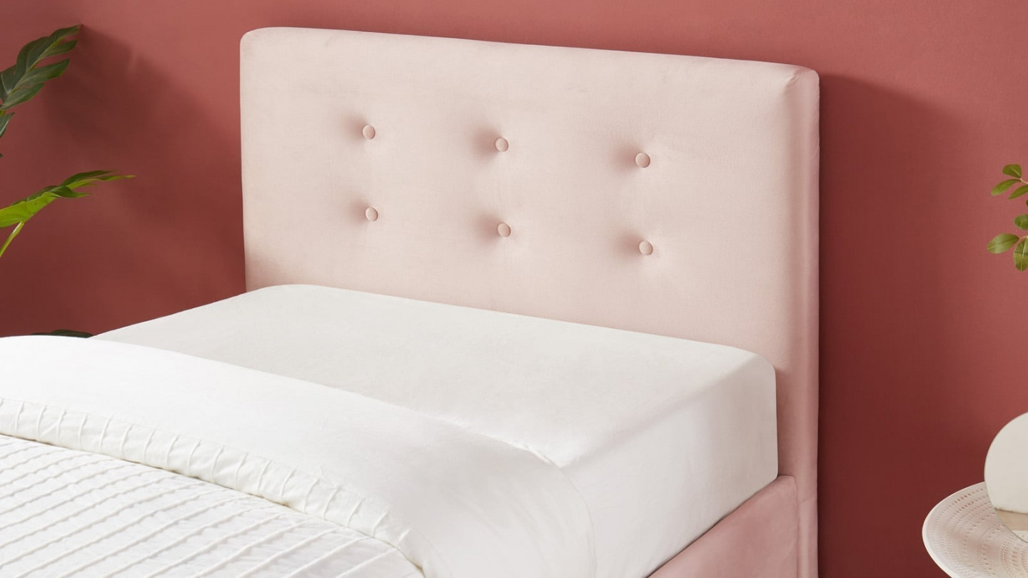 Lit coffre simple 90x190 en velours rose poudré avec tête de lit et sommier à lattes - Collection Tina