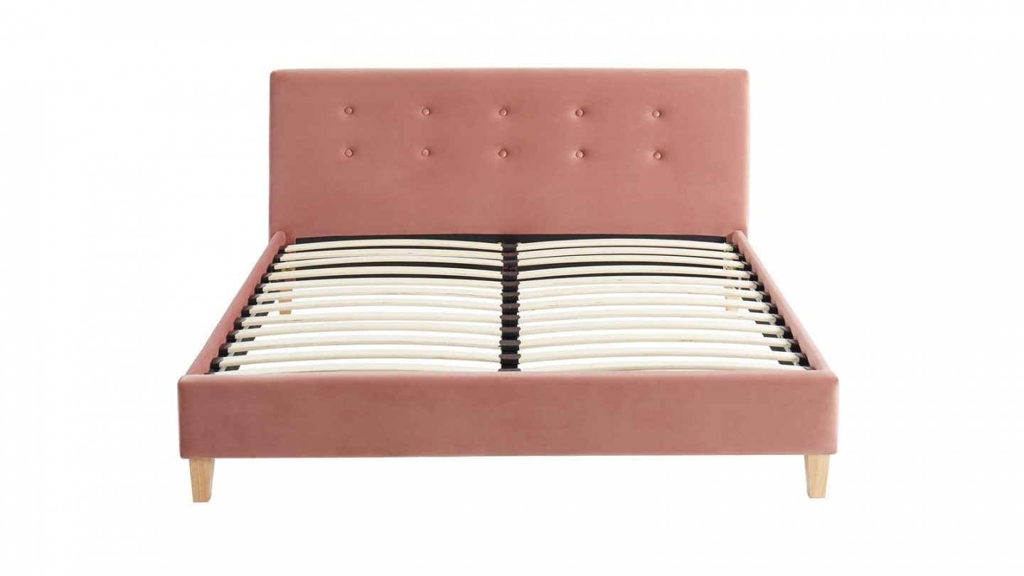 Lit adulte avec tête de lit capitonnée en velours rose blush - sommier à lattes 140x190cm - Collection Milo