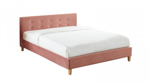 Lit adulte avec tête de lit capitonnée en velours rose blush - sommier à lattes 140x190cm - Collection Milo
