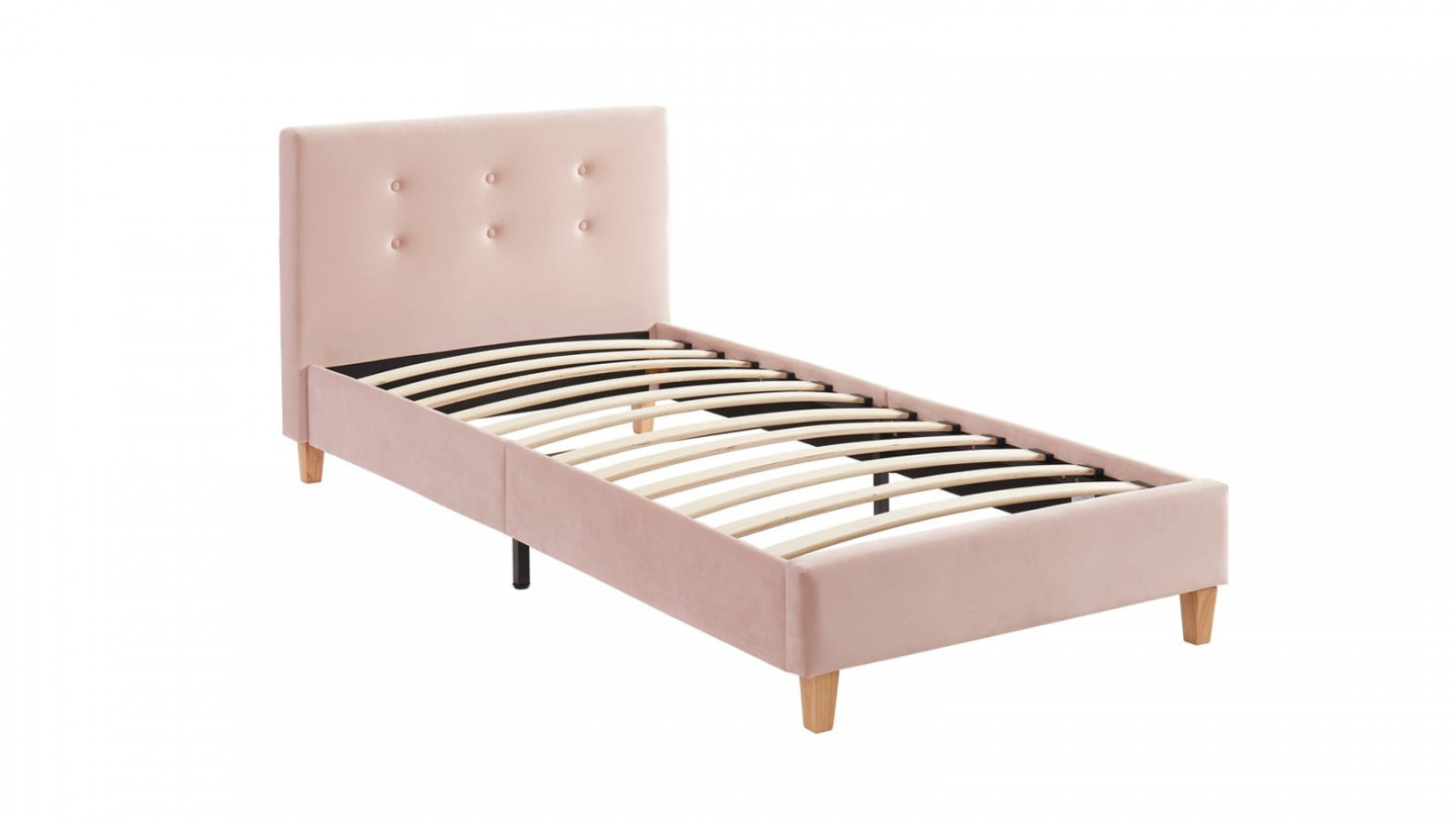 Lit simple avec tête de lit capitonnée en velours rose poudré - sommier à lattes 90x190cm - Collection Milo
