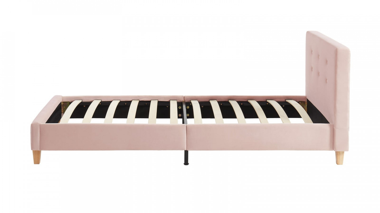 Lit simple avec tête de lit capitonnée en velours rose poudré - sommier à lattes 90x190cm - Collection Milo