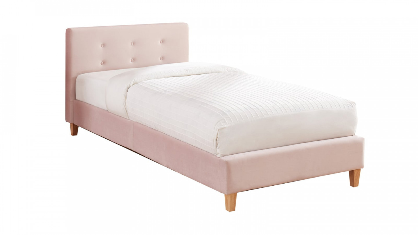Lit simple avec tête de lit capitonnée en velours rose poudré - sommier à lattes 90x190cm - Collection Milo