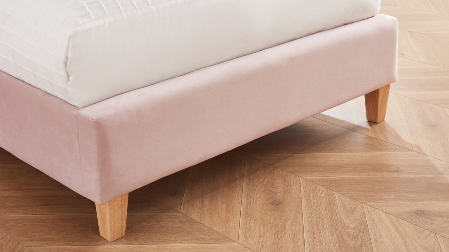 Lit simple avec tête de lit capitonnée en velours rose poudré - sommier à lattes 90x190cm - Collection Milo