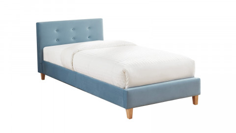 Lit simple avec tête de lit capitonnée en velours bleu vintage - sommier à lattes 90x190cm - Collection Milo
