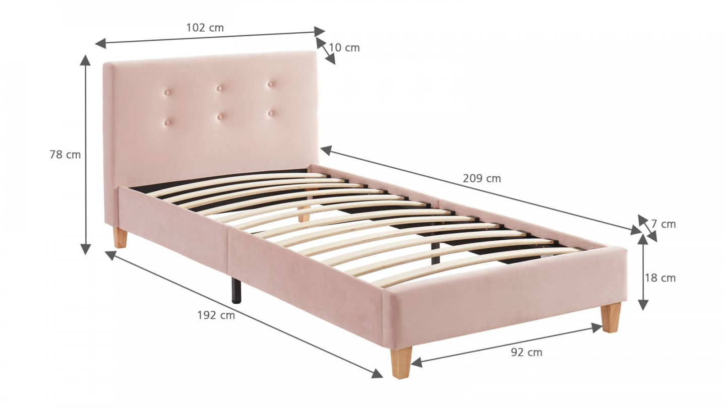 Lit simple avec tête de lit capitonnée en velours rose poudré - sommier à lattes 90x190cm - Collection Milo