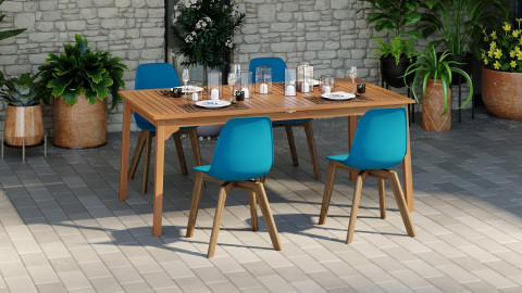 Ensemble table de jardin 8 personnes en bois d'eucalyptus Lyam + 4 chaises scandinaves bleues avec pieds en bois massif Suzy