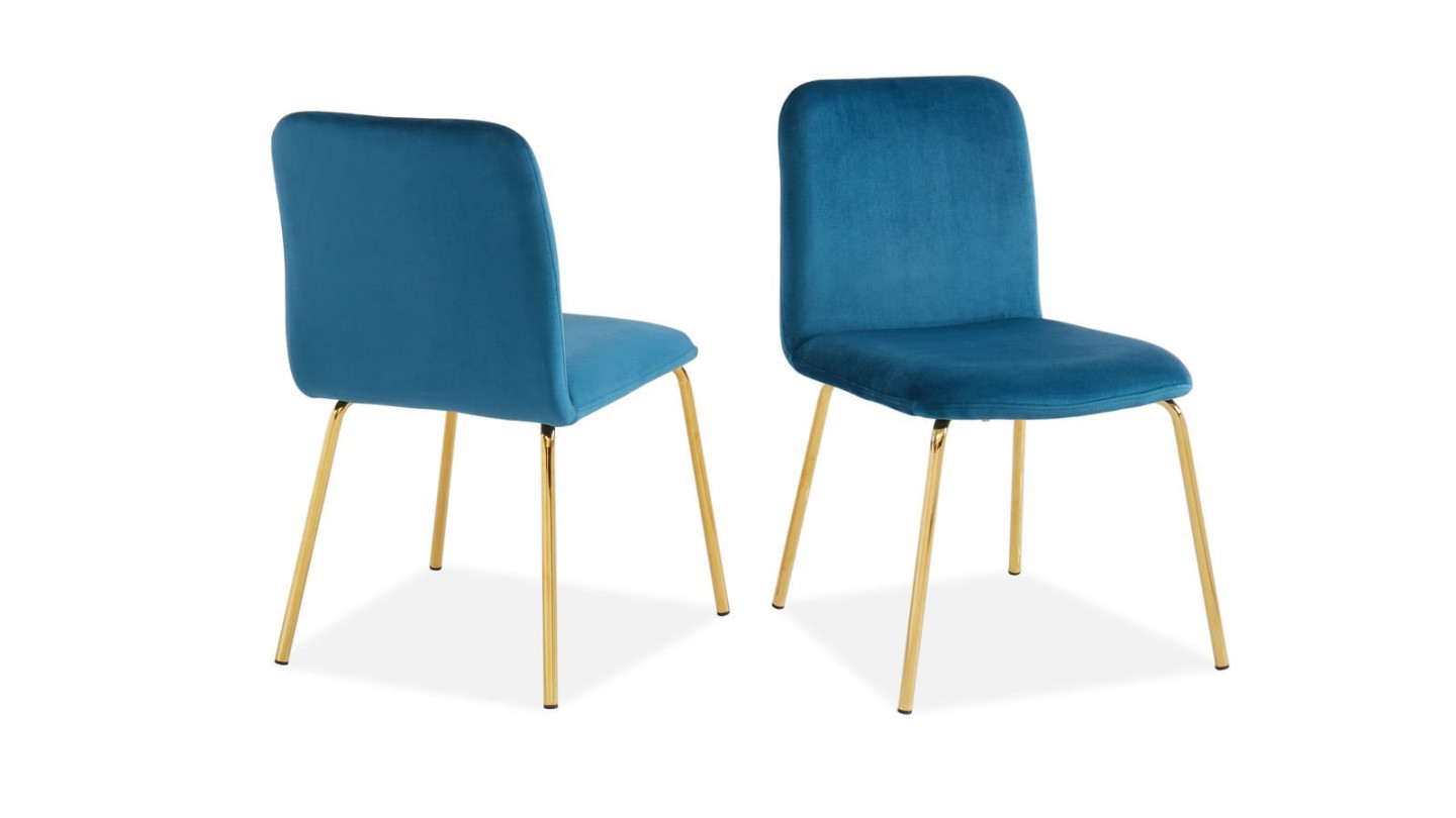 Lot de 2 chaises en velours bleu canard piètement en métal doré - Collection Sophie - ELLE DECO