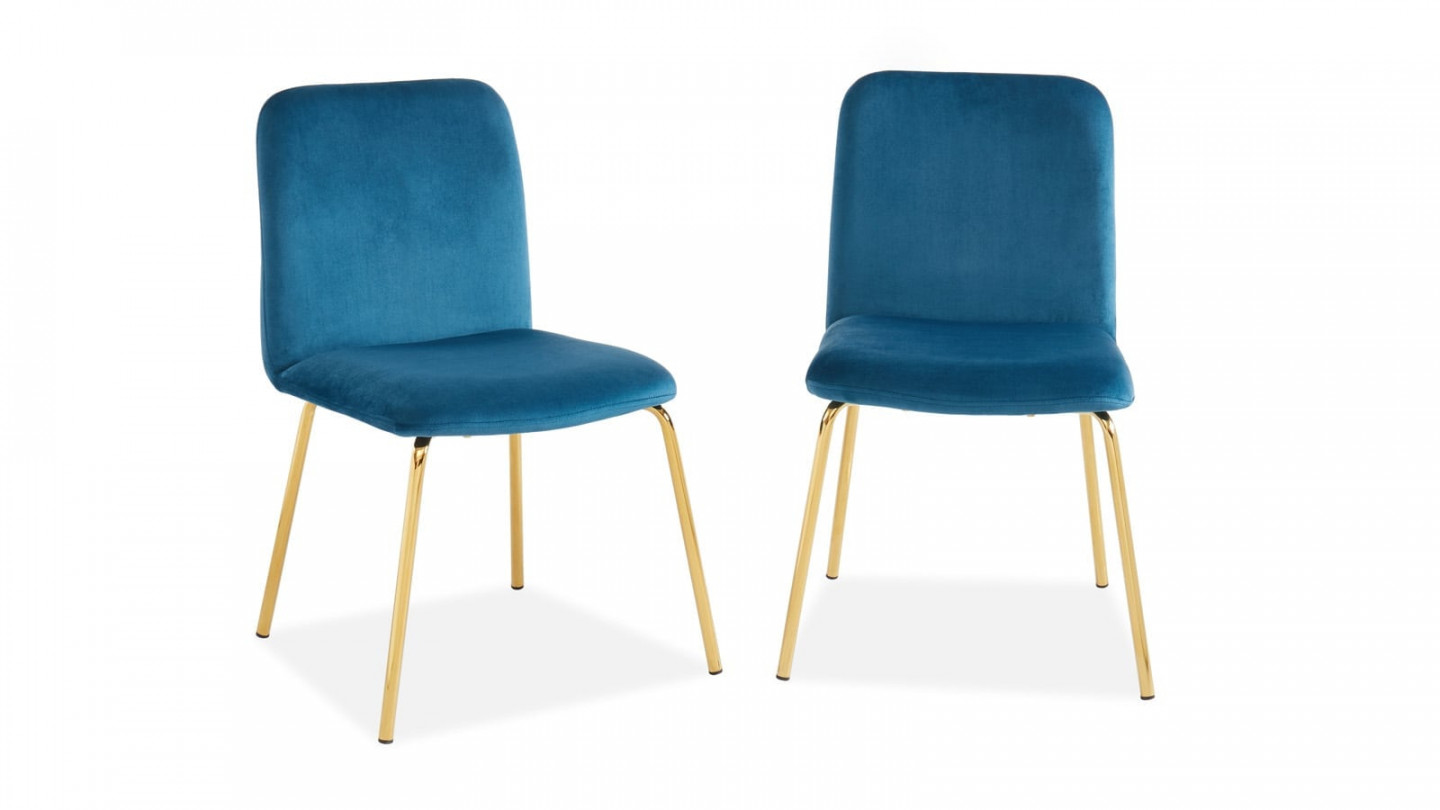 Lot de 2 chaises en velours bleu canard piètement en métal doré - Collection Sophie - ELLE DECO