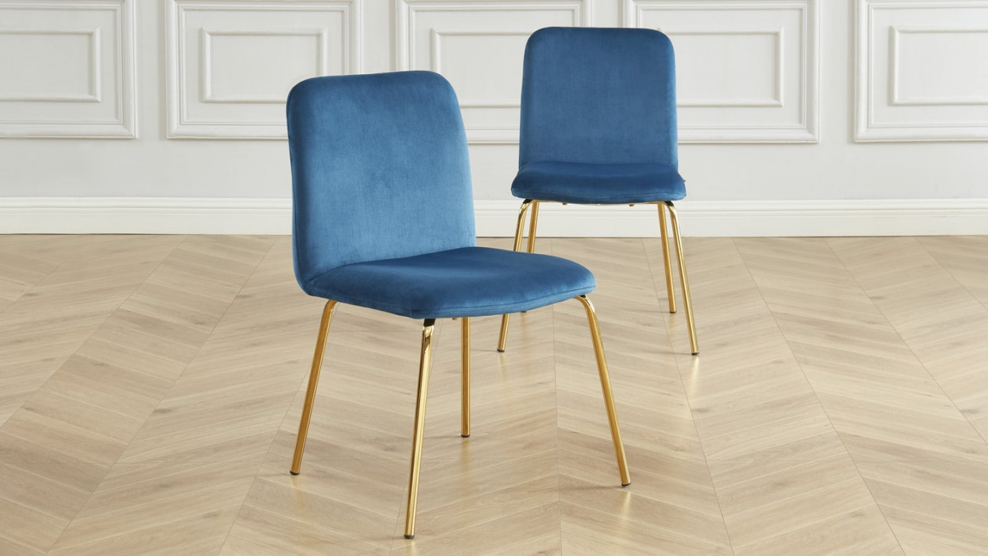 Lot de 2 chaises en velours bleu canard piètement en métal doré - Collection Sophie - ELLE DECO