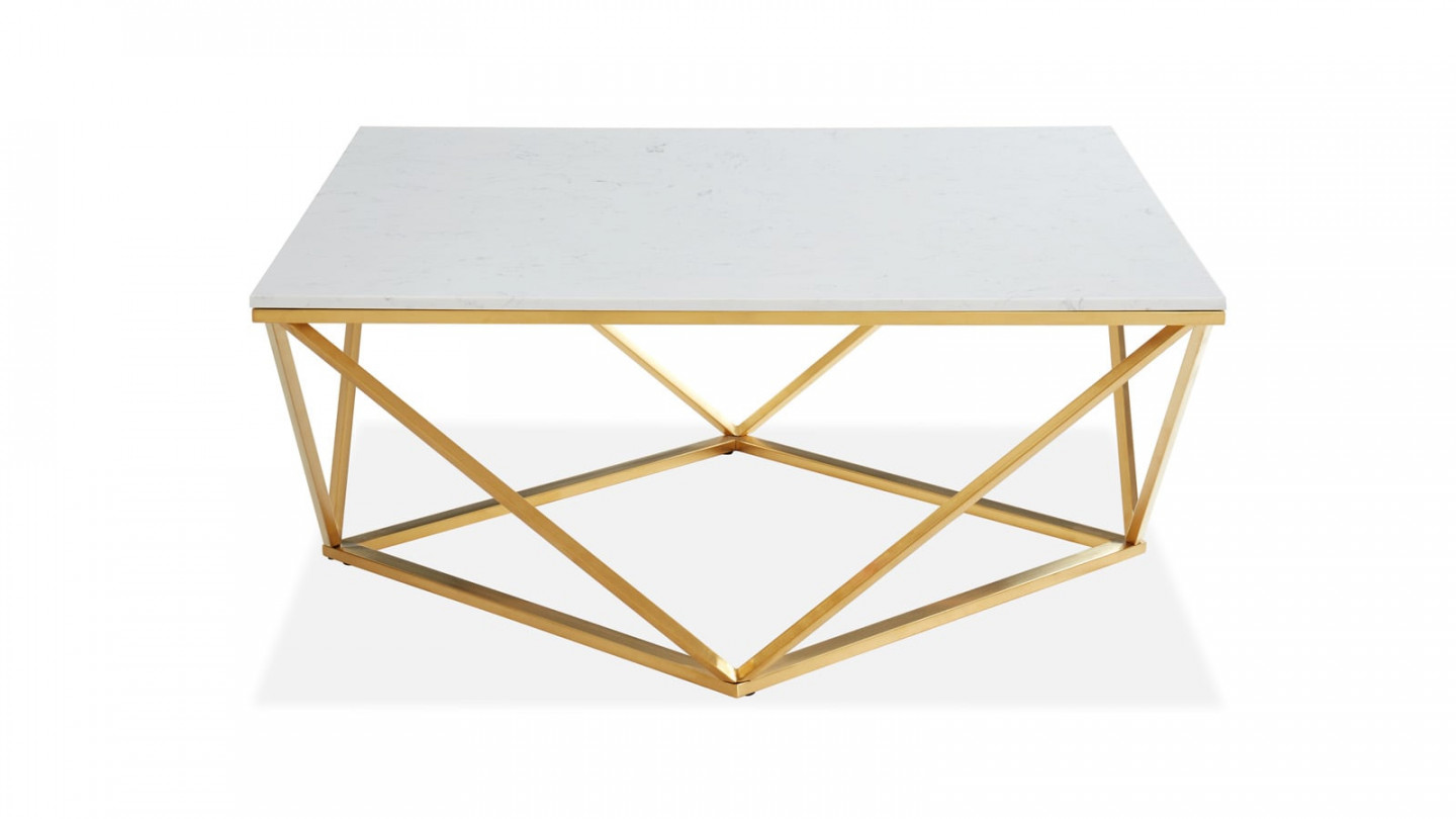 Elle Déco - ROXY - Table basse carrée en pierre façon marbre blanc - L100cm