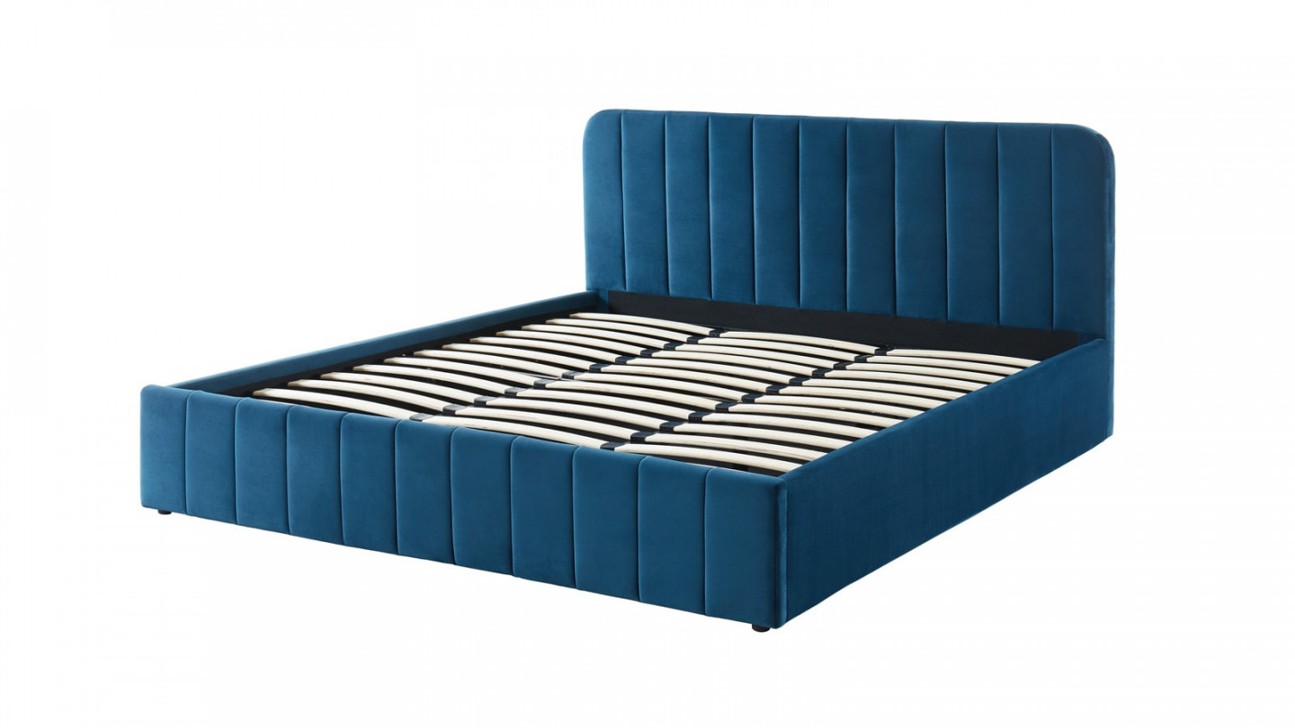 Lit coffre 180x200cm en velours bleu canard avec tête de lit + sommier à lattes - Collection Ava - ELLE DECO