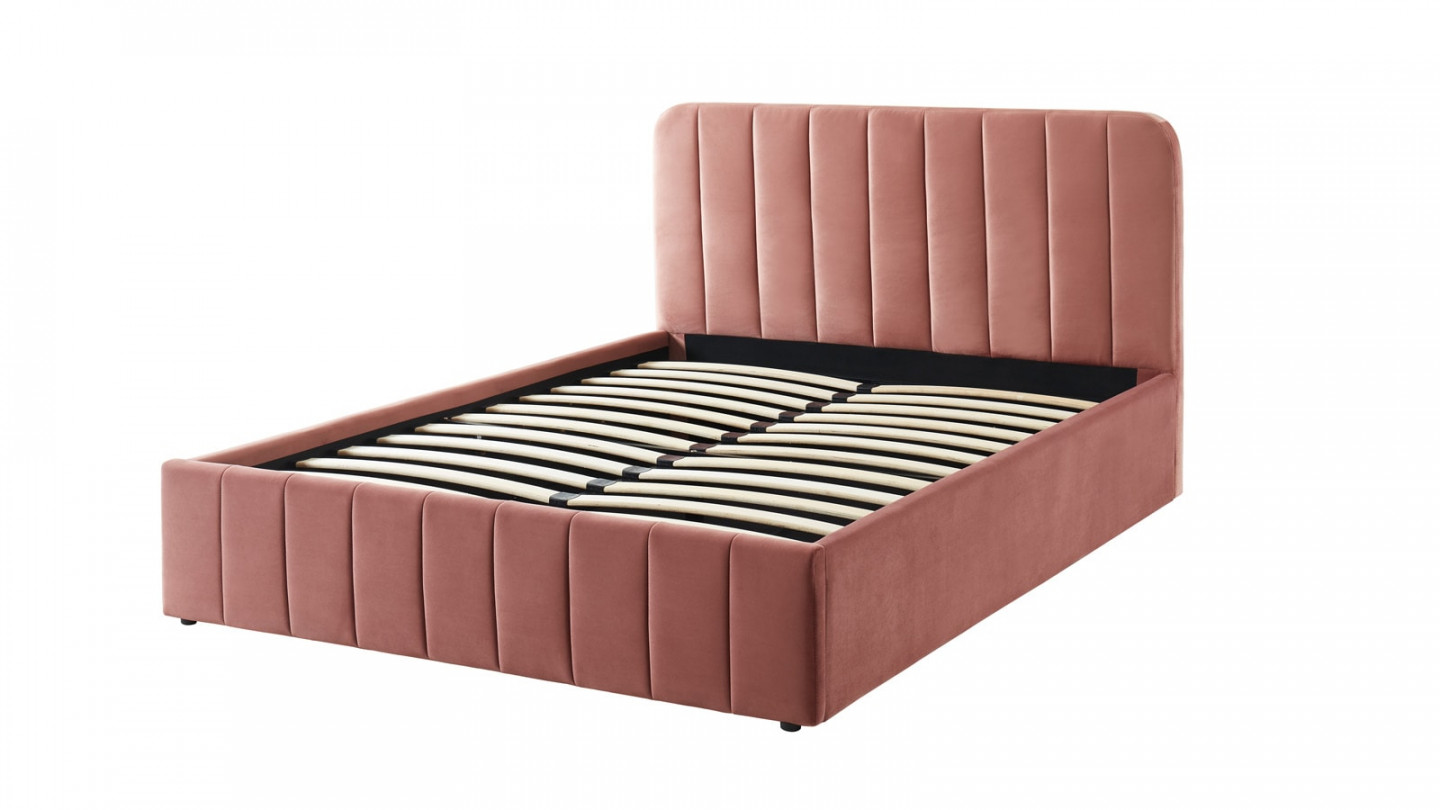 Lit coffre 140x190cm en velours rose blush avec tête de lit + sommier à lattes - Collection Ava - ELLE DECO