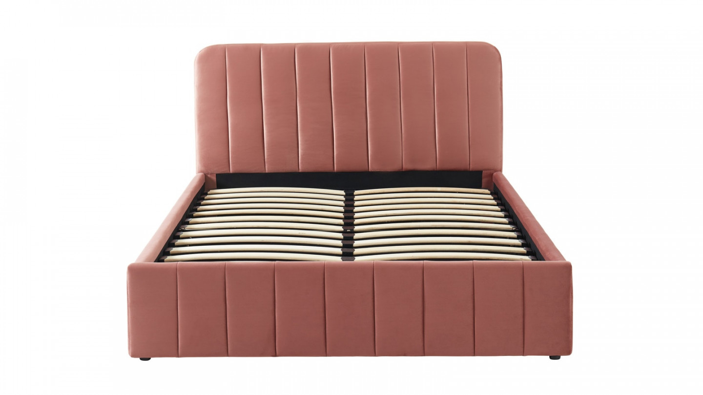 Lit coffre 140x190cm en velours rose blush avec tête de lit + sommier à lattes - Collection Ava - ELLE DECO