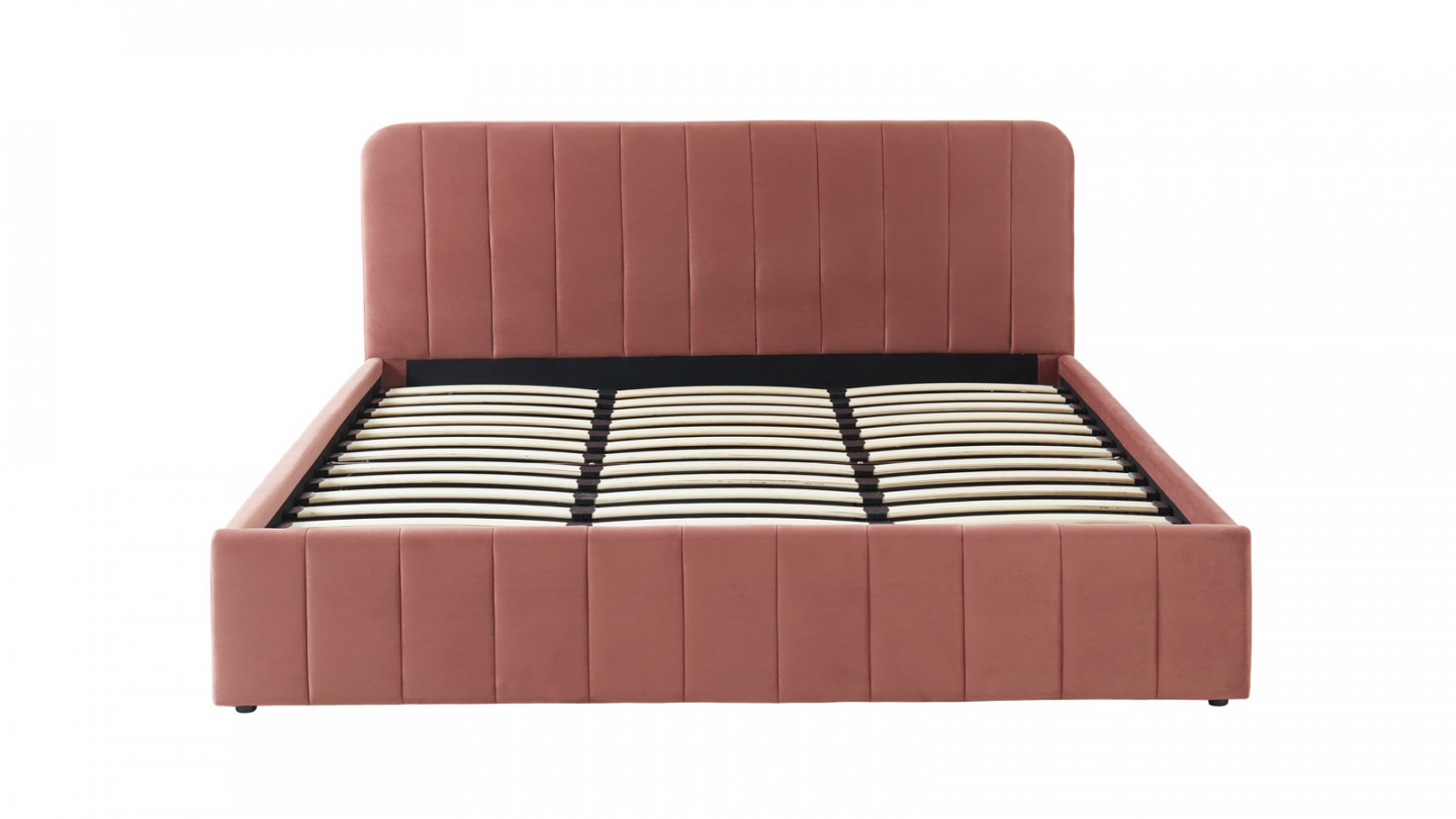 Lit coffre 180x200cm en velours rose blush avec tête de lit + sommier à lattes - Collection Ava - ELLE DECO