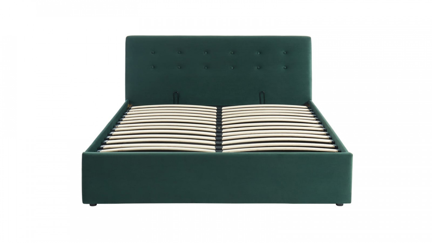 Ensemble lit coffre 160x200 en velours vert + matelas Memo HR avec tête de lit et sommier à lattes - Collection Tina