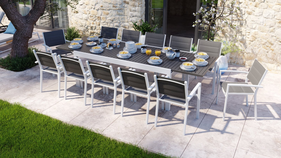 Ensemble table de jardin extensible 8 à 12 personnes aluminium blanche