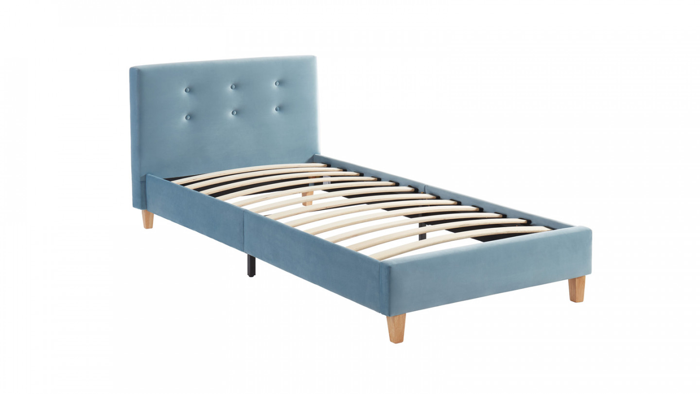 Ensemble lit enfant + matelas Memo HR avec tête de lit capitonnée en velours bleu - sommier à lattes 90x190cm - Collection Milo