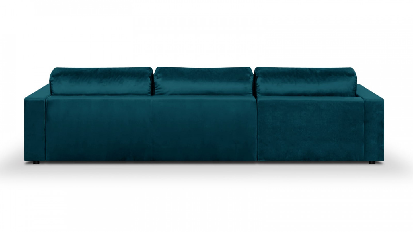 Canapé d'angle gauche convertible 5 places en velours bleu canard avec coffre de rangement - Collection Robin