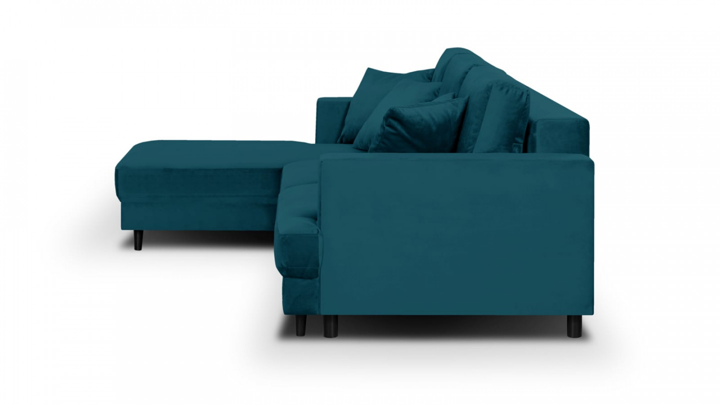 Canapé d'angle gauche convertible 4 places en velours bleu canard - Collection Marceau