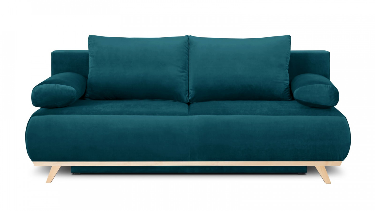 Canapé convertible 3 places avec coffre de rangement en velours bleu canard - Collection Laria