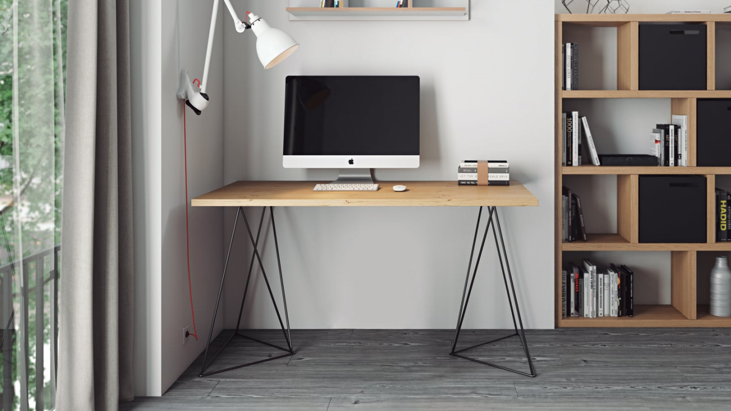 Bureau en contreplaqué naturel piètement polygonal en métal noir - Collection Flow - Temahome