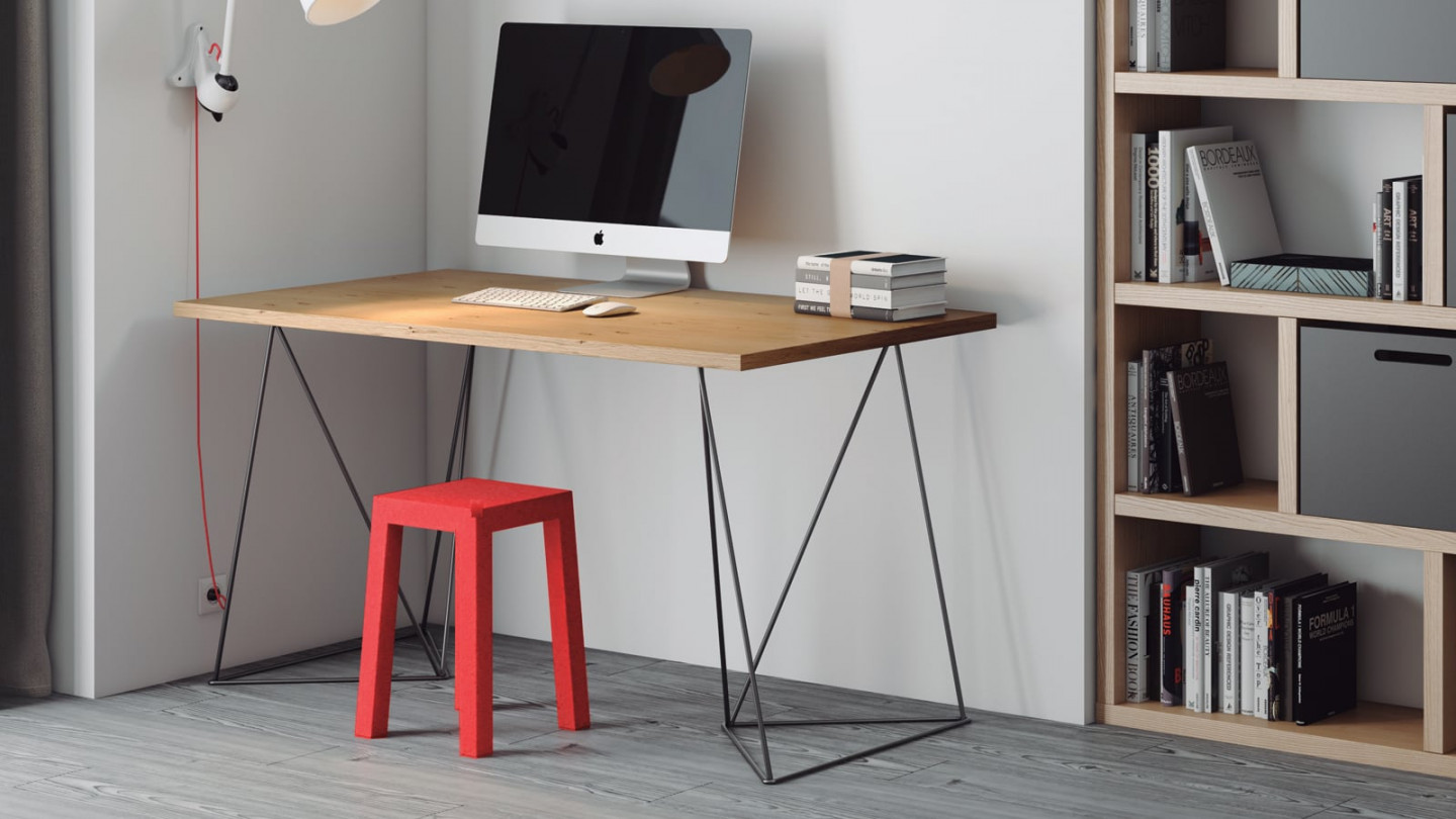 Bureau en contreplaqué naturel piètement polygonal en métal noir - Collection Flow - Temahome
