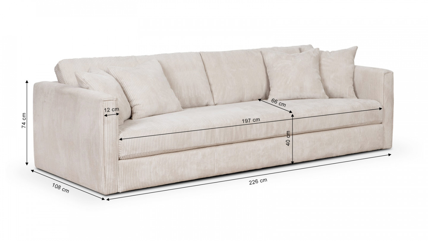 Canapé 3 places velours cotelé beige + 4 coussins - Collection Denver
