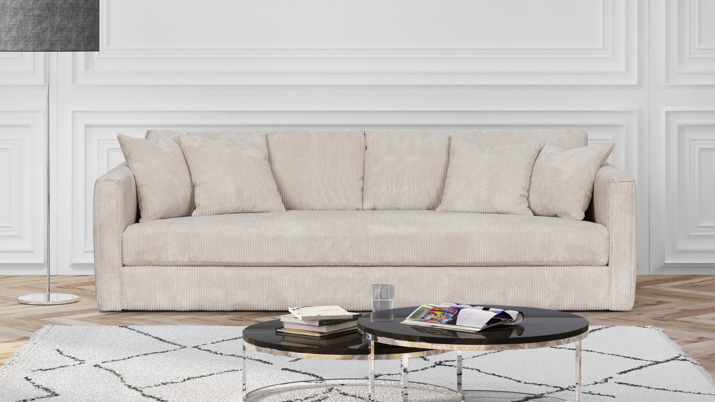 Canapé 3 places velours cotelé beige + 4 coussins - Collection Denver
