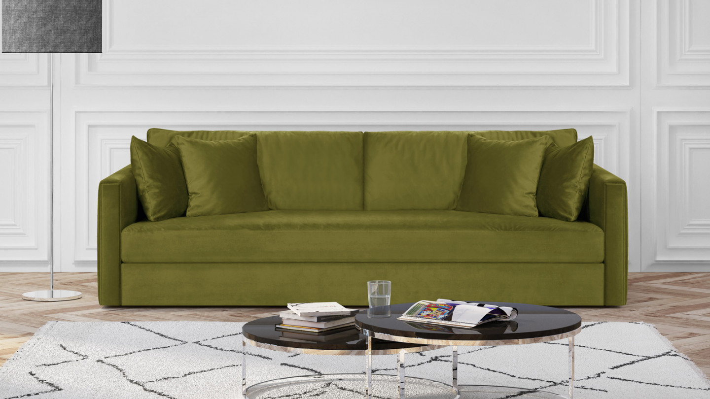Canapé 3 places velours vert olive + 4 coussins - Collection Denver