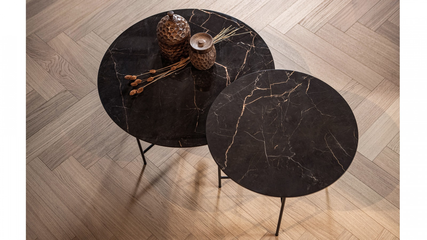 Table basse ronde 48xø80 en marbre noir piètement en métal noir - Collection Vida - Woood