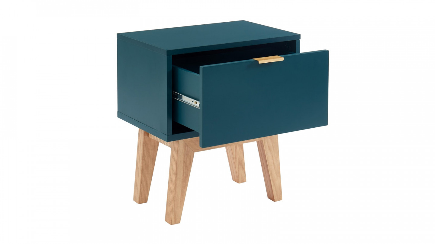 Table de chevet 1 tiroir - laqué bleu canard - Collection Emma - ELLE DÉCORATION