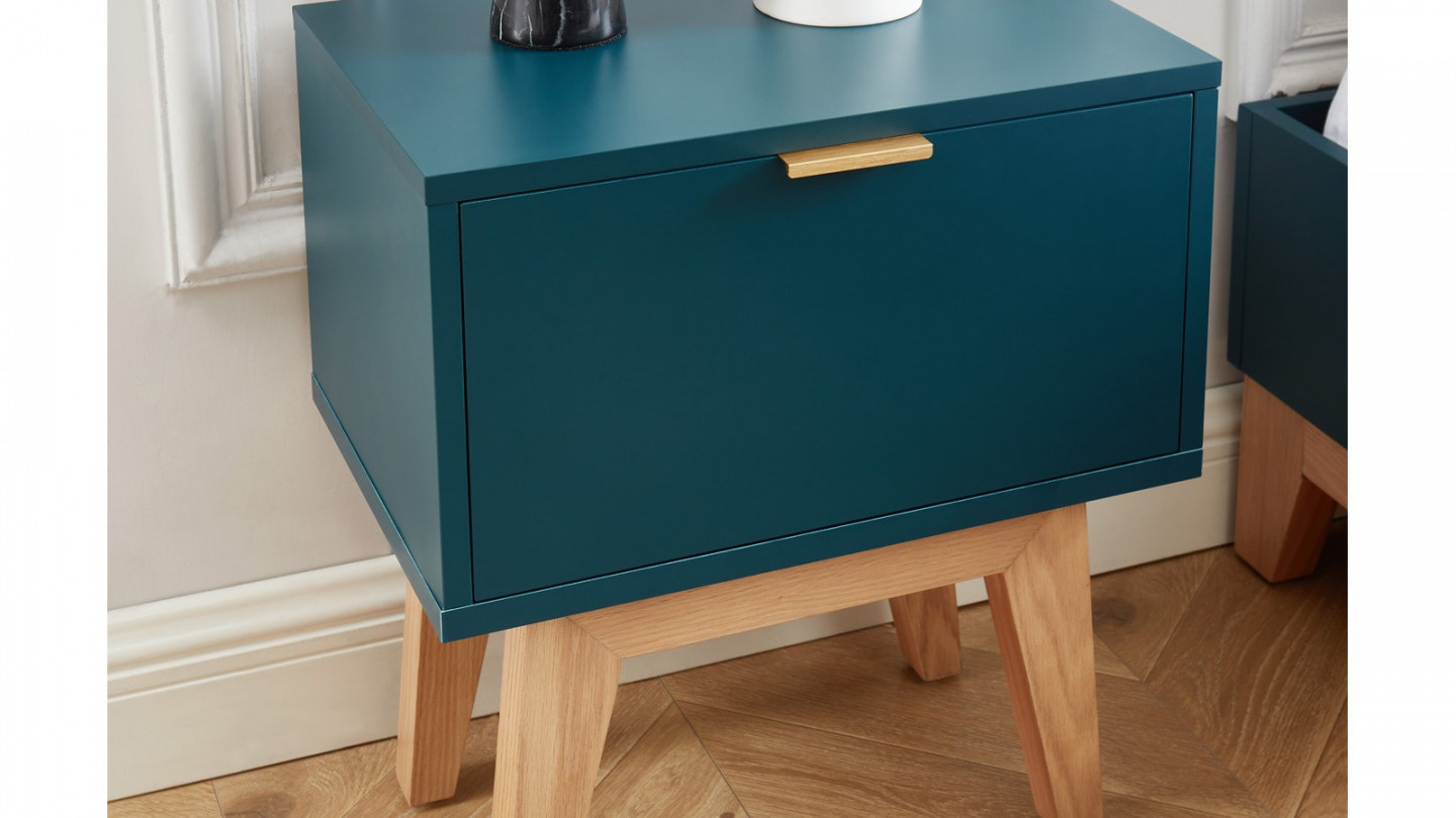 Table de chevet 1 tiroir - laqué bleu canard - Collection Emma - ELLE DÉCORATION