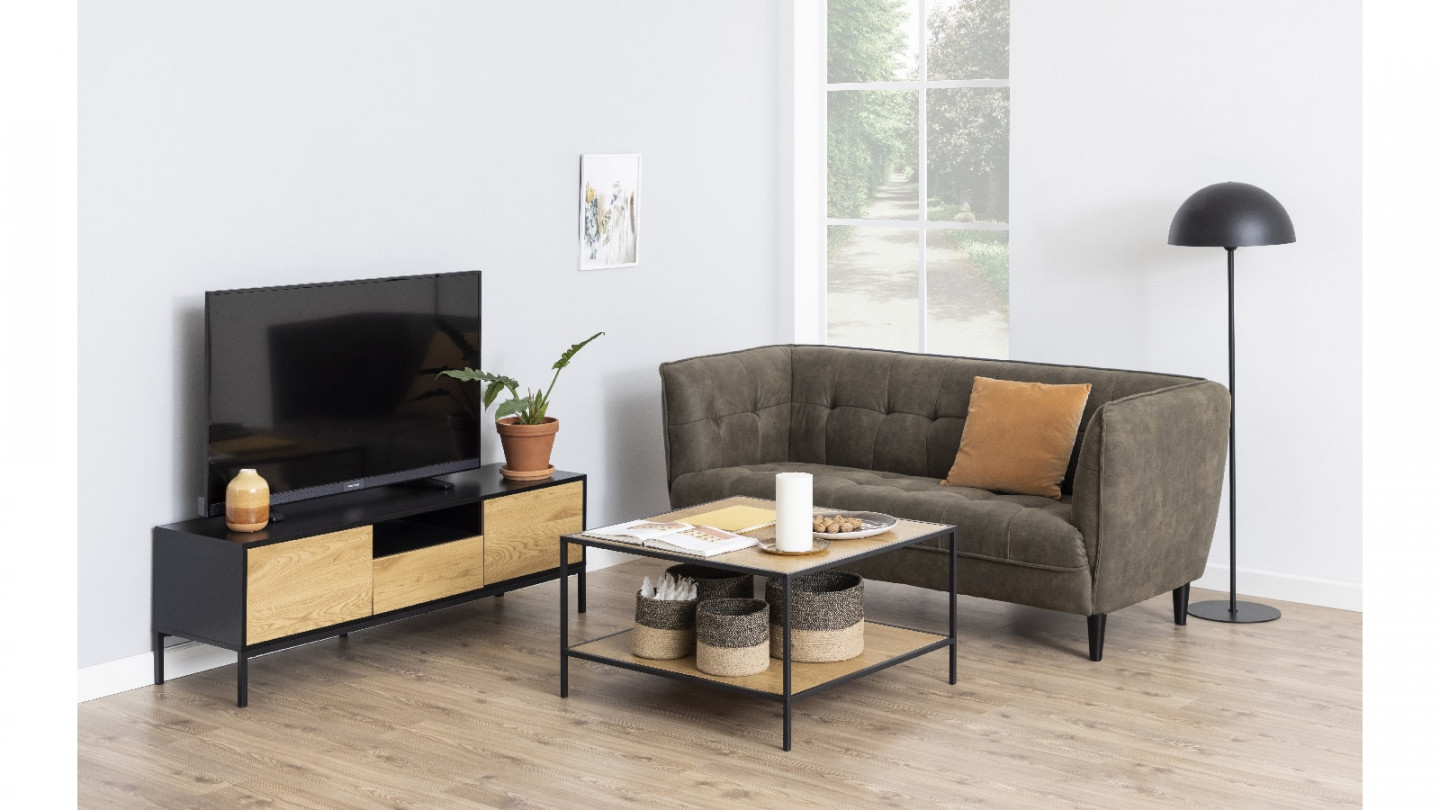 Meuble TV en bois noir et naturel - Collection Seaford