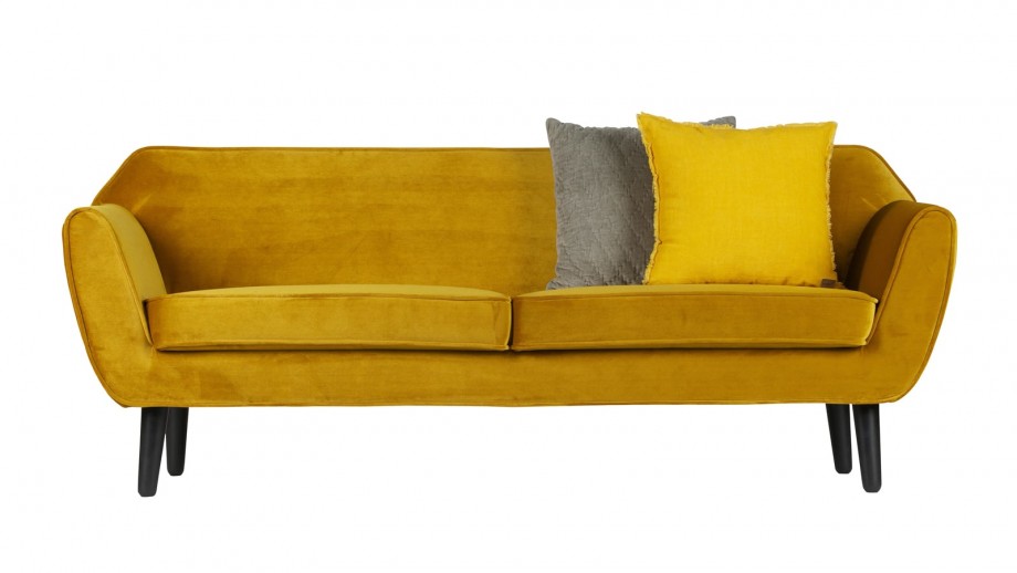 Canapé 2,5 places en polyester ocre piètement en bois - Collection Rodéo