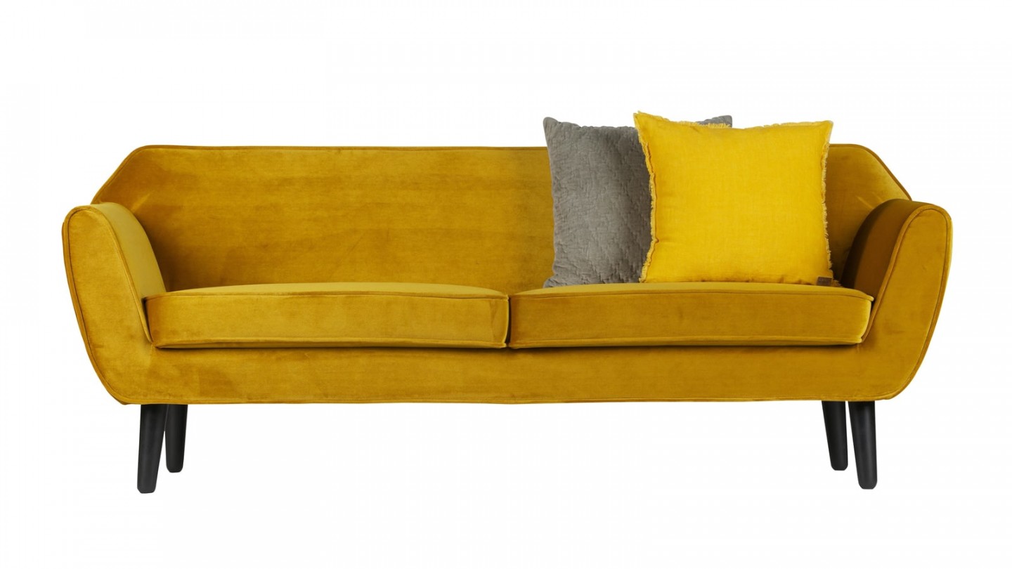 Canapé 2,5 places en polyester ocre piètement en bois - Collection Rodéo
