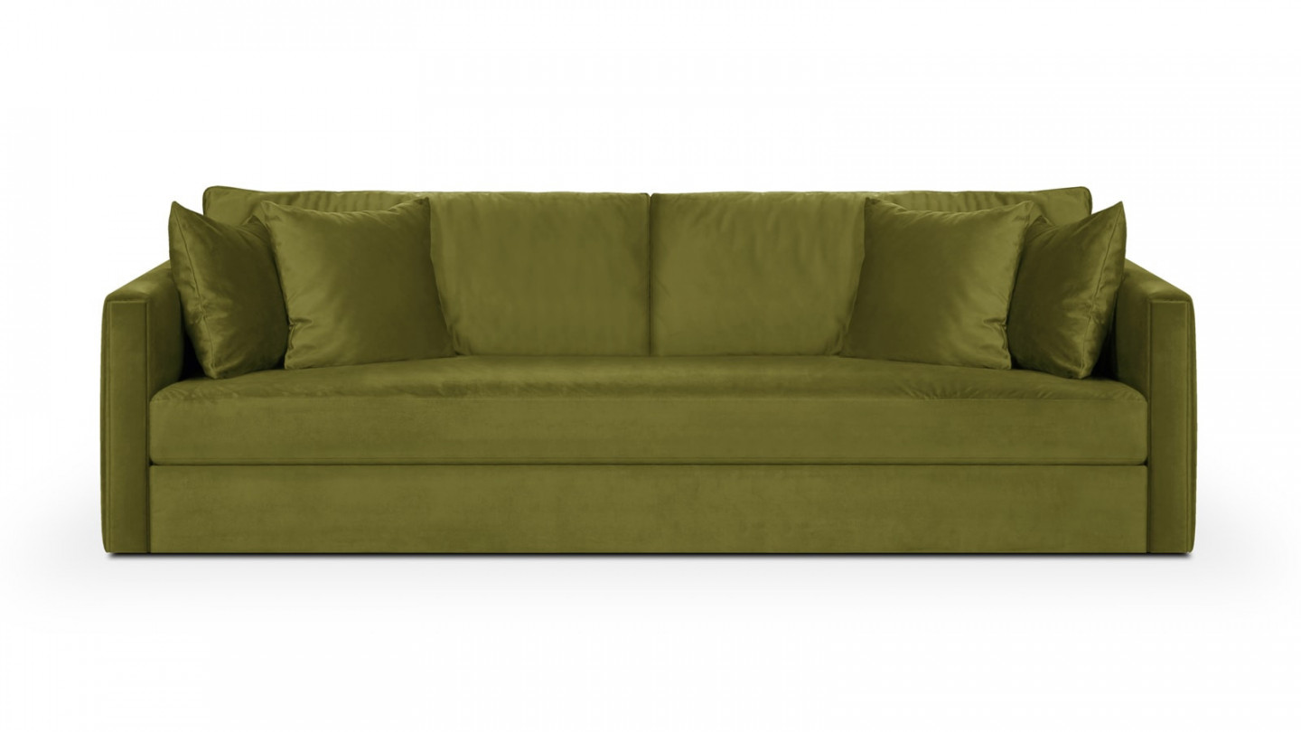 Canapé 3 places velours vert olive + 4 coussins - Collection Denver