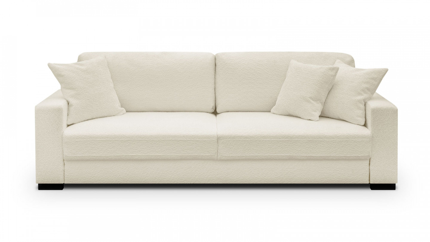 Canapé convertible 3 places en tissu bouclette beige avec coffre de rangement - Robin