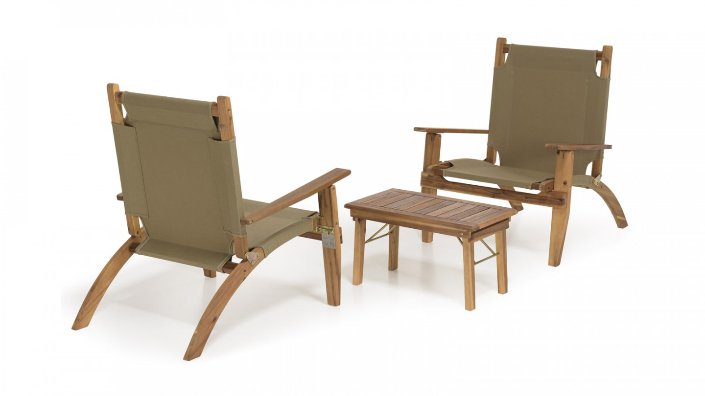 Salon de jardin 2 places avec 2 fauteuils et 1 table basse 63,5x36 cm en bois d'acacia - Vick