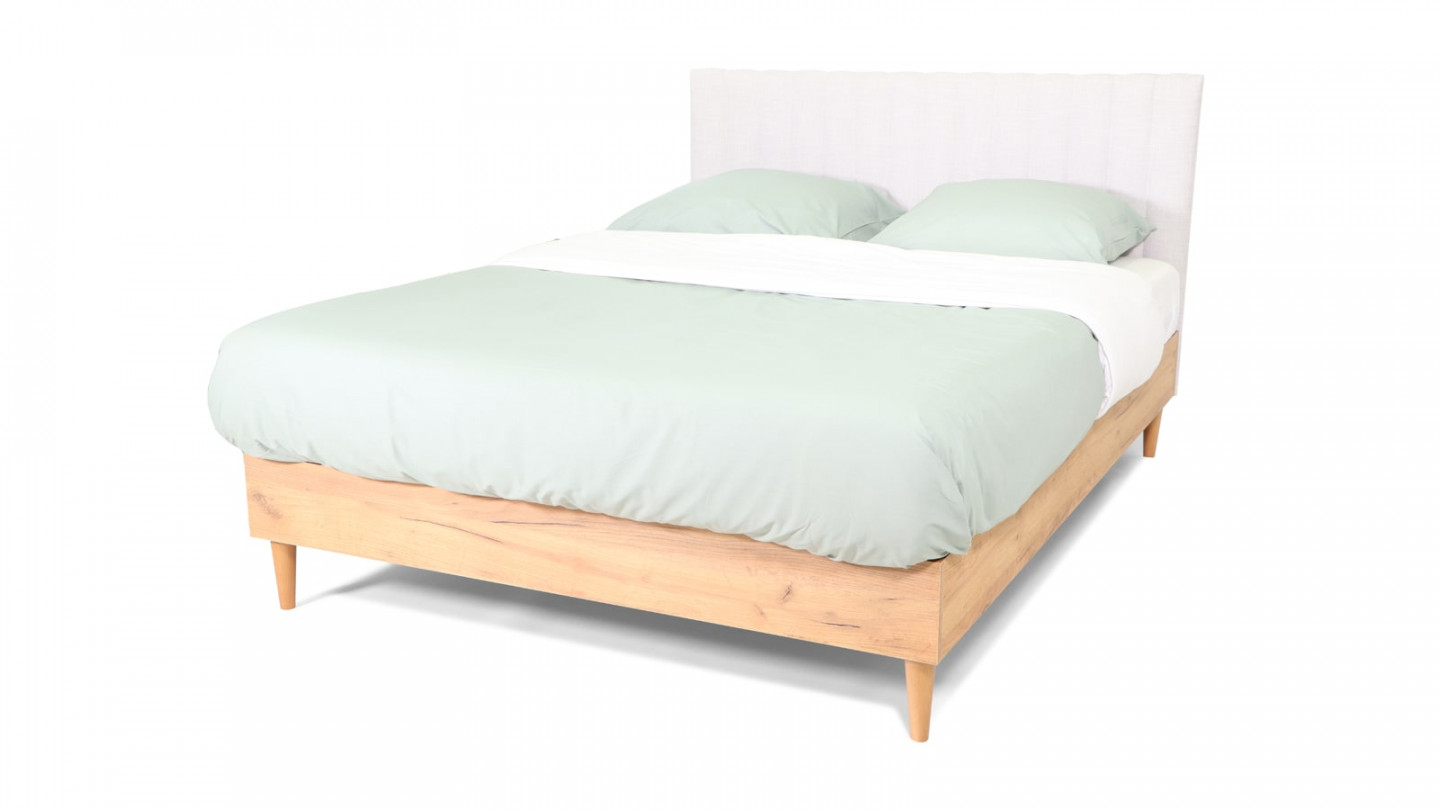 Lit adulte 140x190 cm en bois naturel avec sommier et tête de lit en tissu gris clair - Elioco