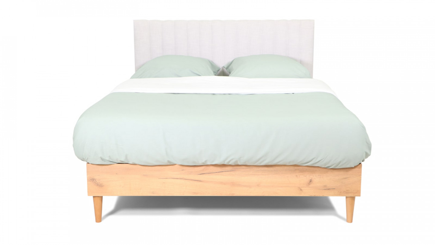 Lit adulte 140x190 cm en bois naturel avec sommier et tête de lit en tissu gris clair - Elioco