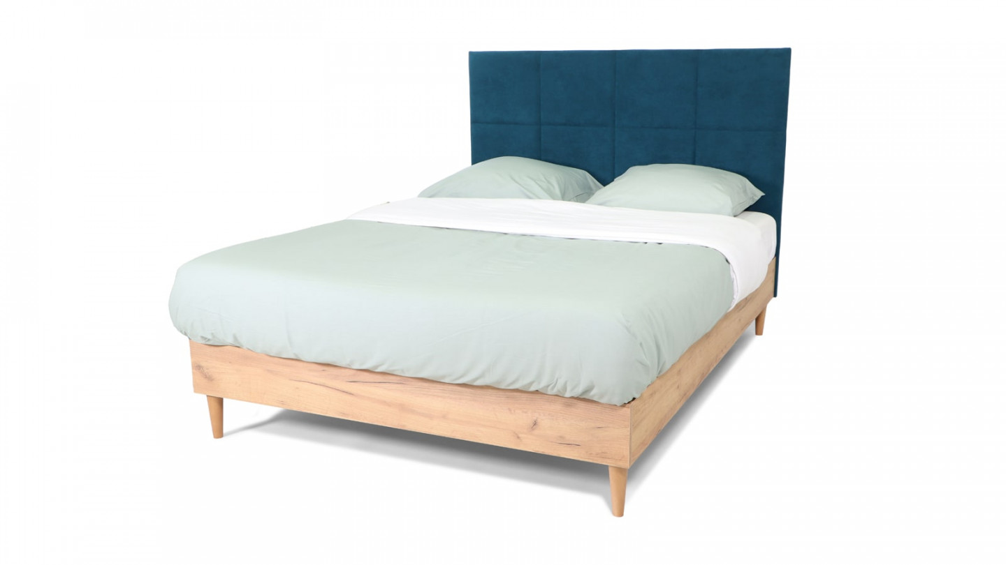 Lit adulte 140x190 cm en bois naturel avec sommier et tête de lit en velours bleu canard - Pamy