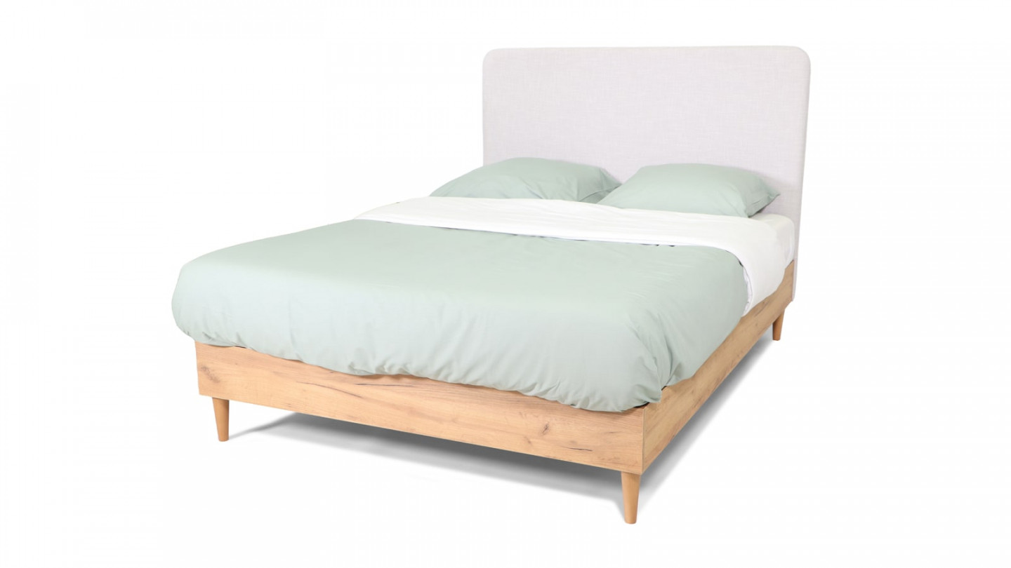 Lit adulte 160x200 cm en bois naturel avec sommier et tête de lit en tissu gris clair - Panzo