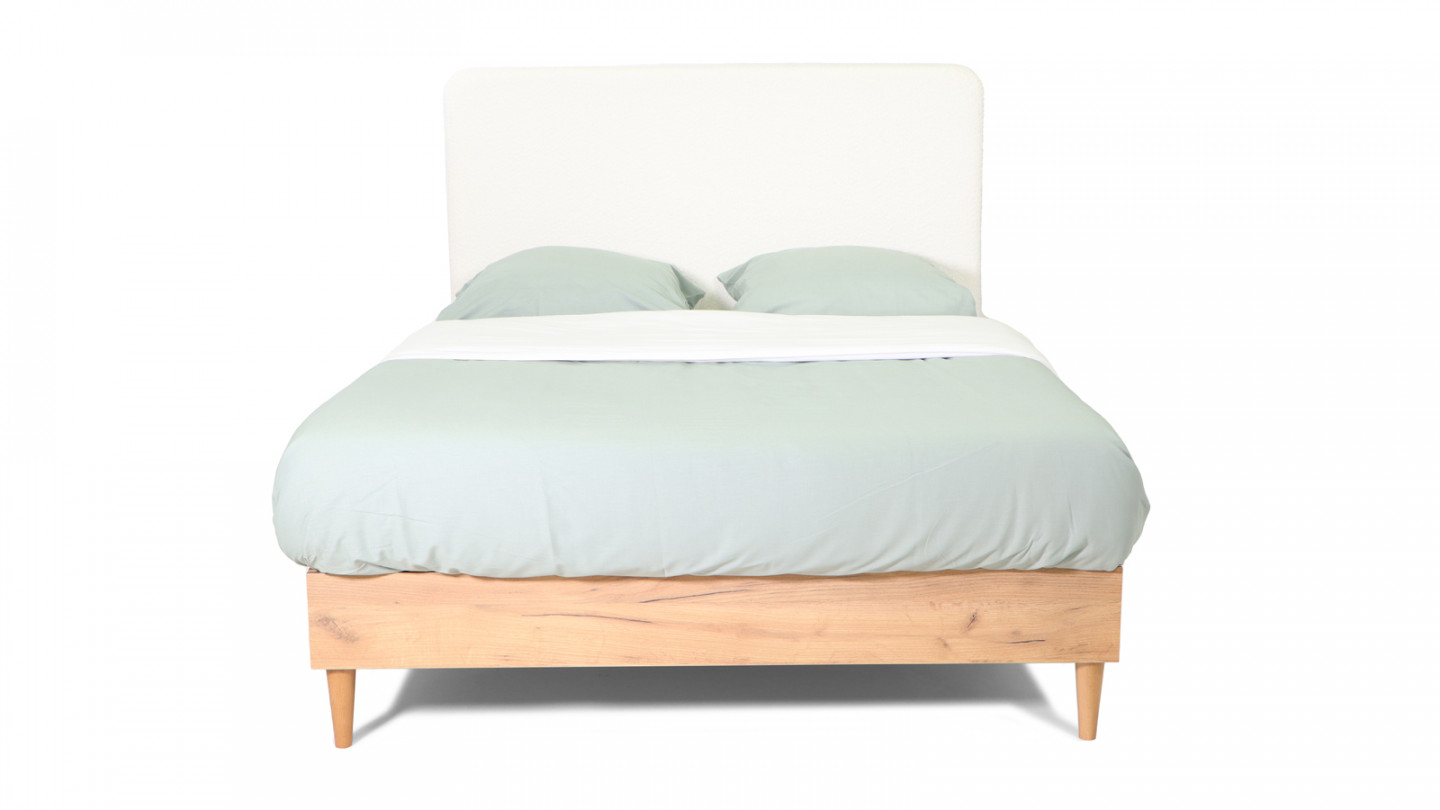 Lit adulte 140x190 cm en bois naturel avec sommier et tête de lit en tissu bouclette blanc - Panzo