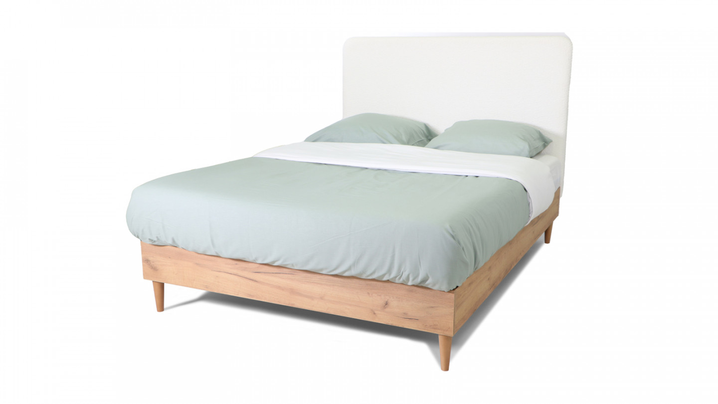Lit adulte 140x190 cm en bois naturel avec sommier et tête de lit en tissu bouclette blanc - Panzo