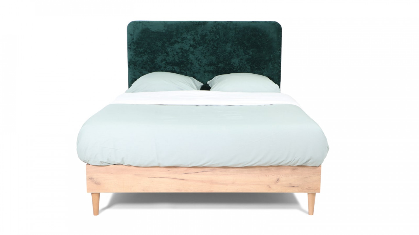 Lit adulte 140x190 cm en bois naturel avec sommier et tête de lit en velours gratté vert - Panzo
