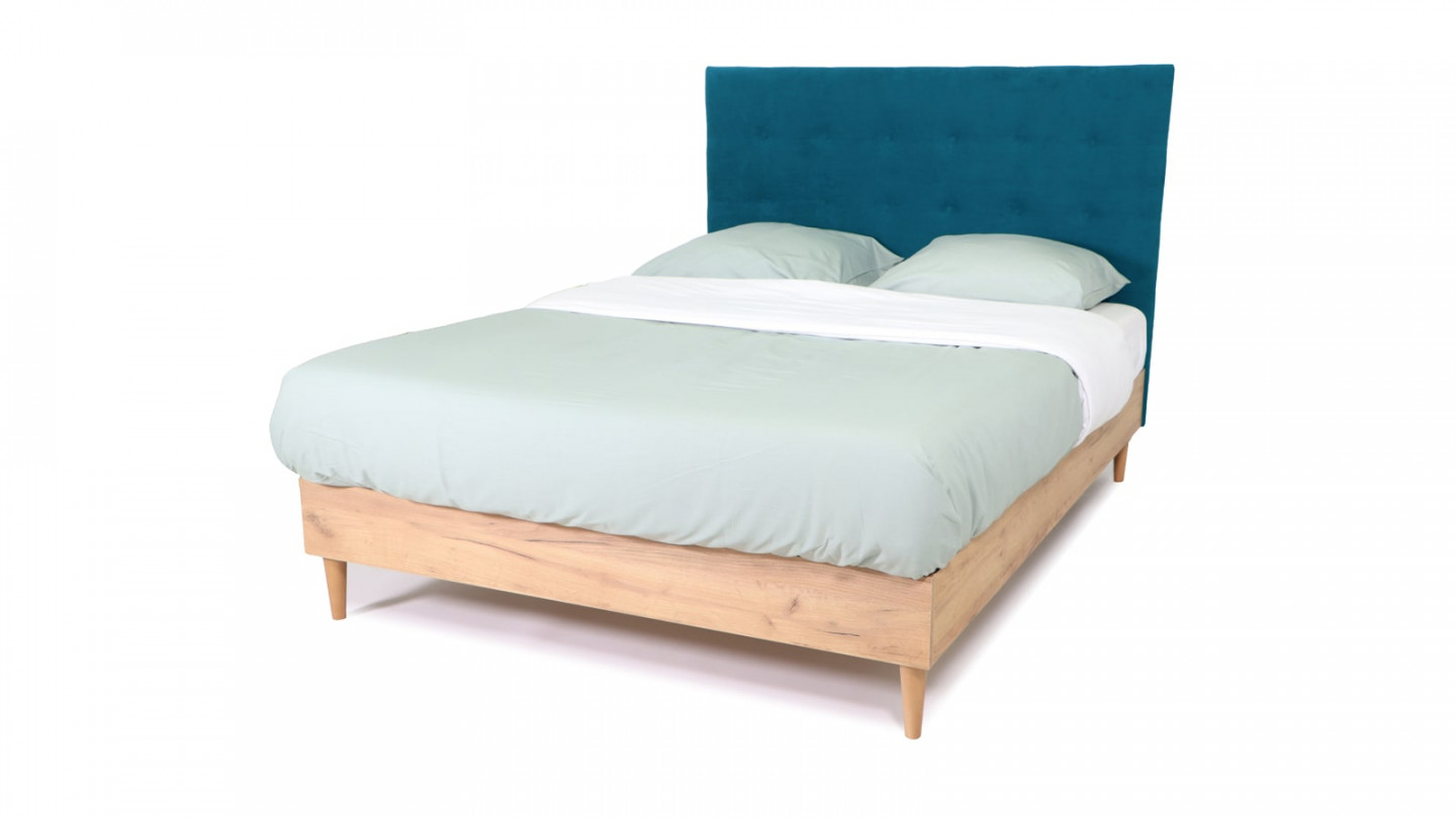 Lit adulte 140x190 cm en bois naturel avec sommier et tête de lit en velours bleu canard - Nico