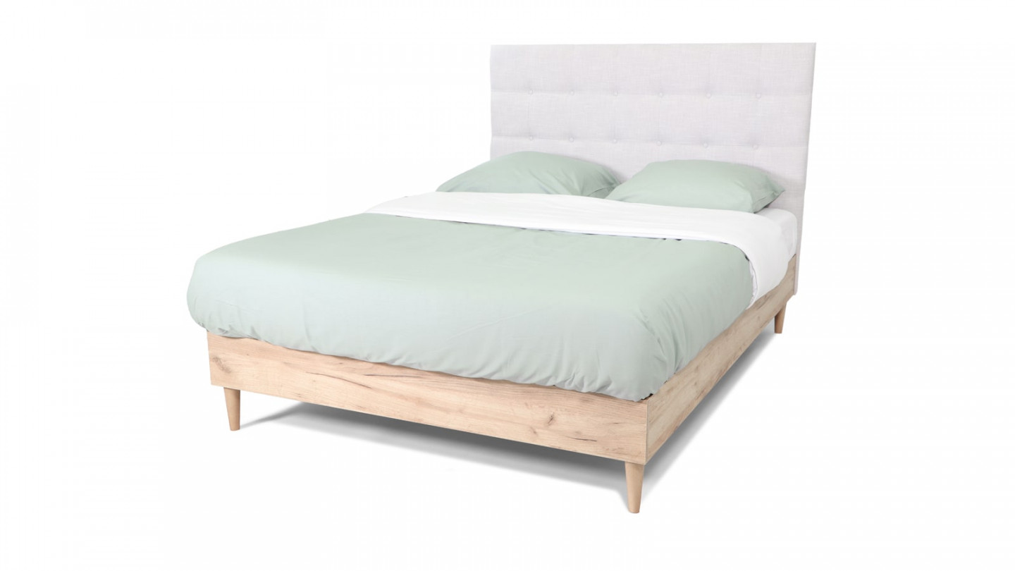 Lit adulte 140x190 cm en bois naturel avec sommier et tête de lit en tissu gris clair - Nico